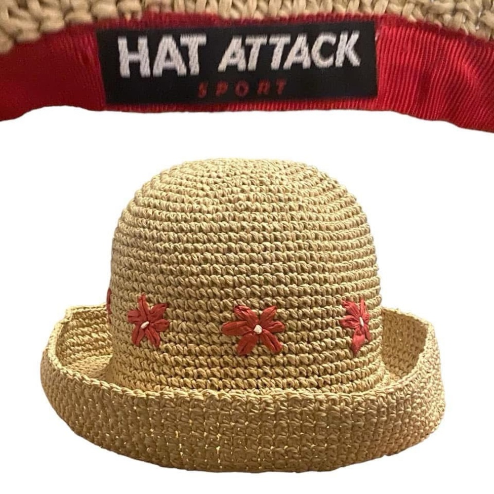 Hat Attack Woven Straw Hat with Red Floral Design
